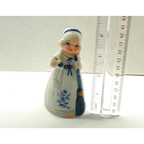 Vintage Jasco Bell Dutch Woman Broom Blue and White Porcelain 4" Tall Taiwan - Picture 5 of 8